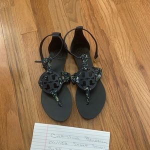 Tory Burch Miller scarf sandal navy euc
